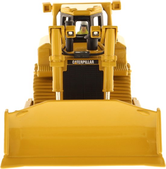Gele Caterpillar D8R bulldozer met schuifblad, frontaal aanzicht.