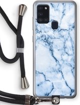 Case Company® - Samsung Galaxy A21s hoesje met Koord - Blauw marmer - Telefoonhoesje met Zwart Koord - Bescherming aan alle Kanten en Over de Schermrand