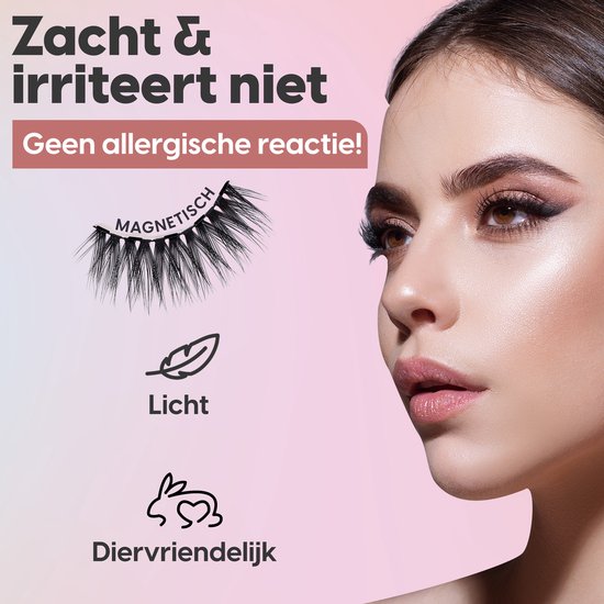 Model met volle wimpers, met tekst over zacht, licht en diervriendelijk. Iconen van veer en konijn.