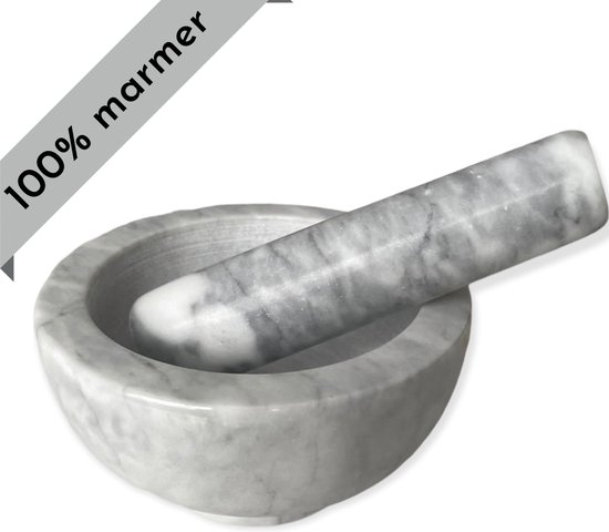 Vijzel met Stamper - 100 % Marmer - Kruidenstamper - Gepolijst - Ø11.5 - licht grijs