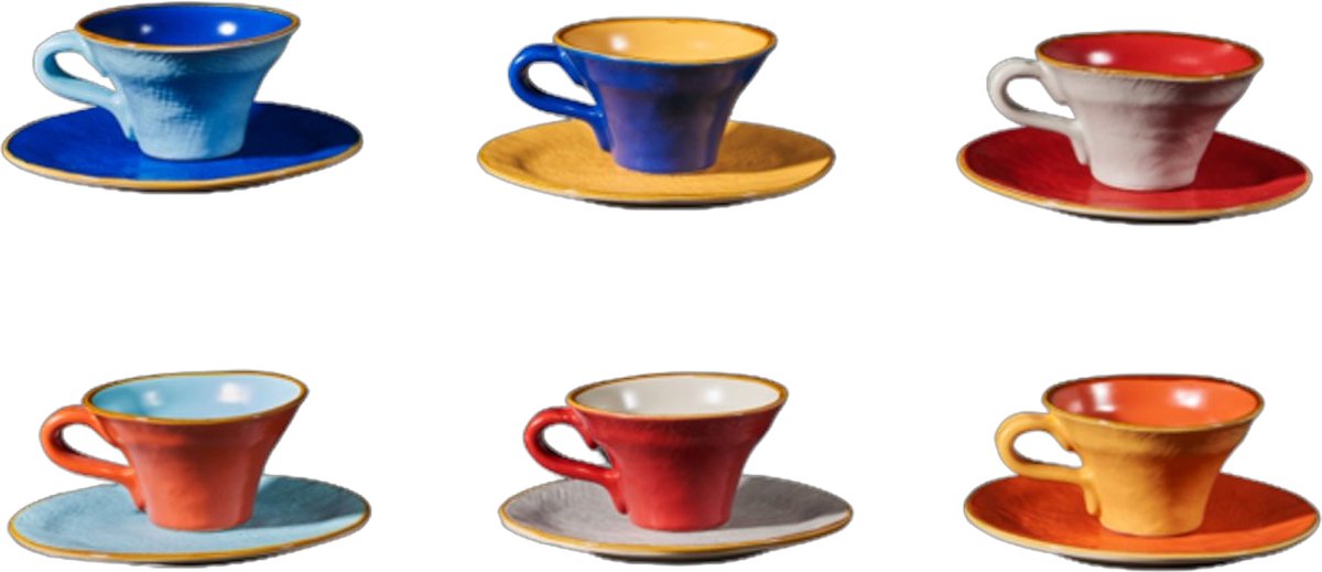 Vivi Oggi - Gekleurde Thee- of Koffiekopjes met schotel - Set van 6 - 115ml - Kleurrijk