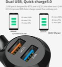 Zwarte dubbele USB-oplader met QC3.0 en 2.4A poort, met tekst over laadsnelheid.