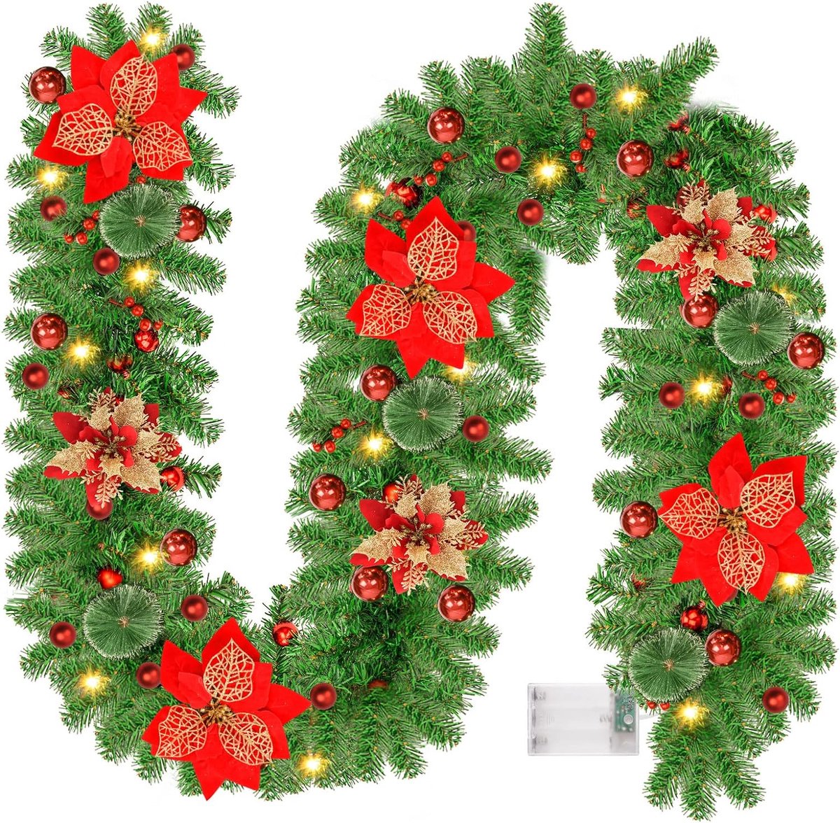Kerstslinger 270 cm, kunstmatige decoratieve slinger met ledverlichting, kerstdecoratie, slinger, dennenslinger, hangende slinger, flexibel inzetbaar (rood)