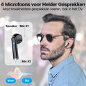 Man met zonnebril draagt een zwart oordopje. Vergrote weergave van oordopjes en microfoons. Grafiek 'Voor' en 'Na'.