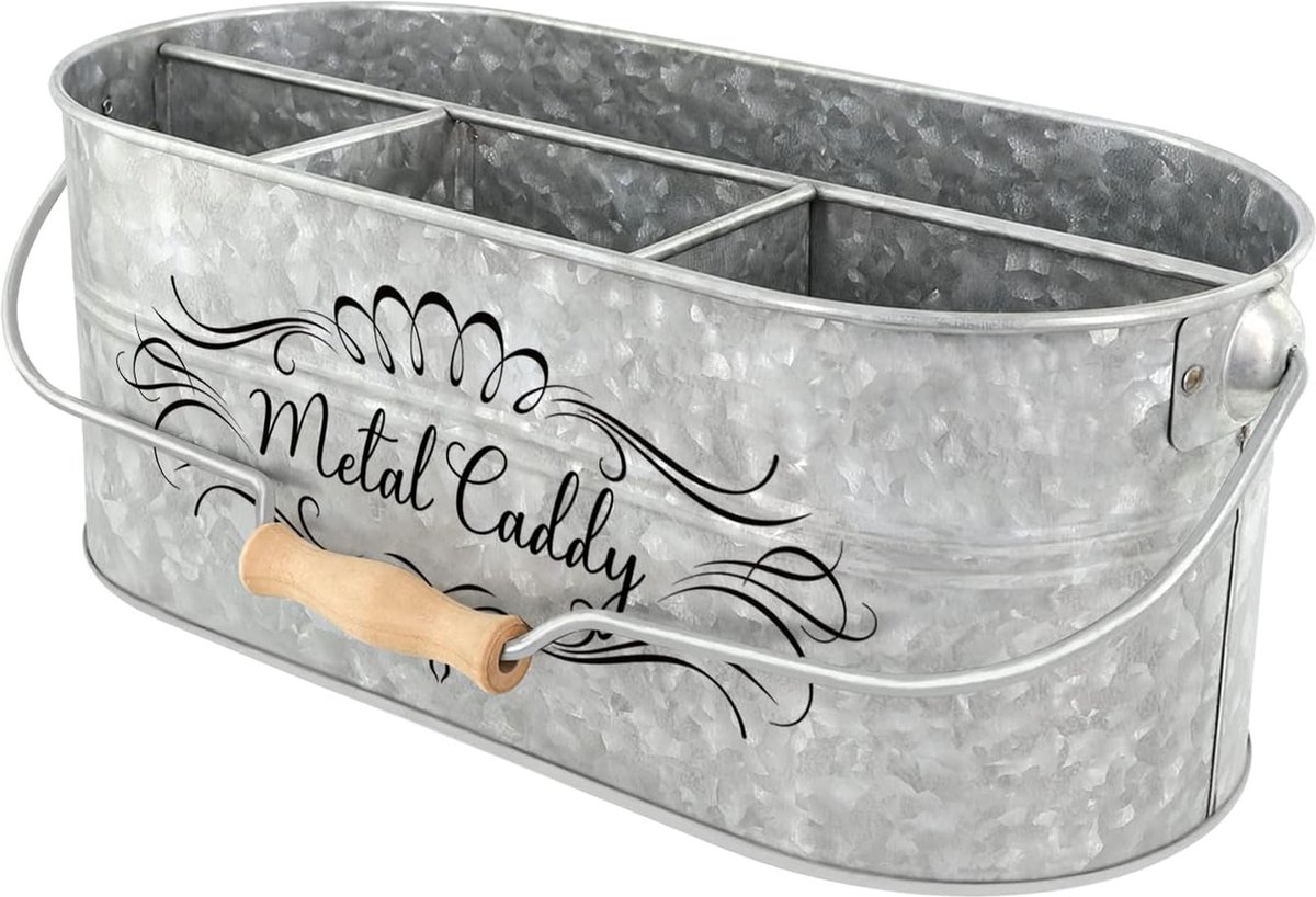 Thuis Verzinkte Metalen Keukengerei Doos met Comfortabele Handgreep voor Keukenblad / Eettafel met Scheiders Bestekopslag Organisator voor Papieren Borden, Servetten en Bestek.