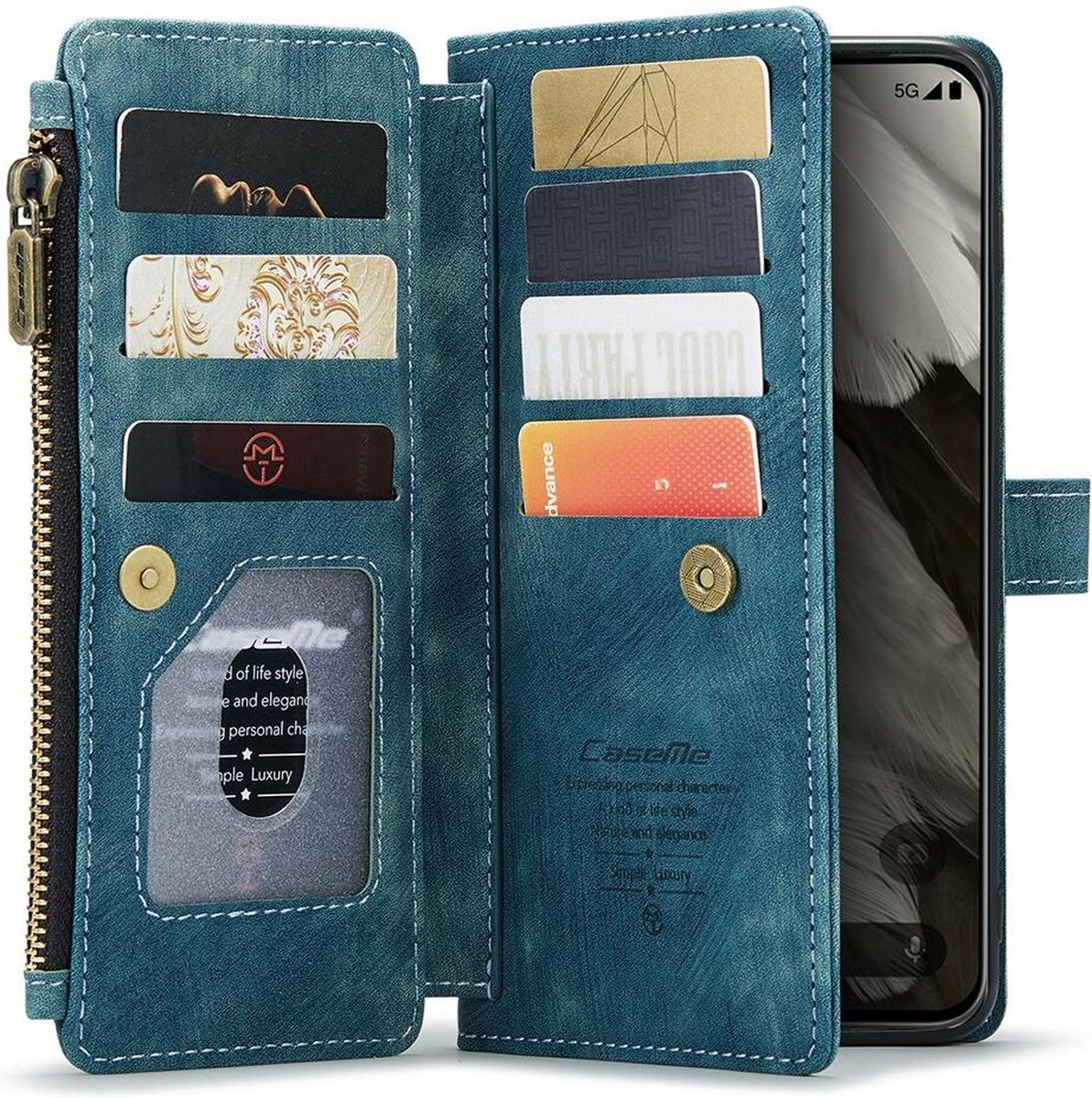 CaseMe C30 Hoesje Geschikt voor Google Pixel 8 | Wallet Zipper Book Case met Pasjeshouder | Beschermhoes met Portemonnee | Blauw