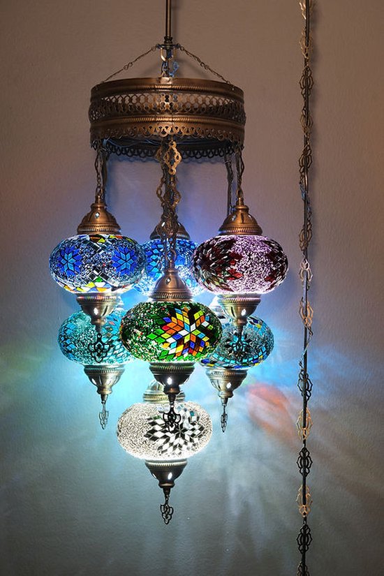 7 globe glas multicolor Mozaïek Turkse hanglamp Oosterse kroonluchter