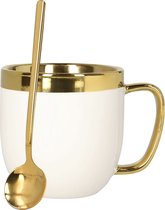 HOMLA sensorische beker + lepel met gouden decoratie - mok theekop koffiemok 0,28 l porselein verguld handgeschilderd wit en goud