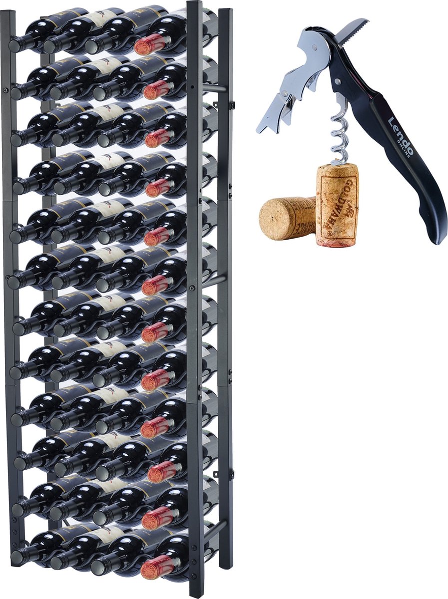 Lendo Online Wijnrek voor 48 flessen 45x20x120cm (LxBxH) Wijnkast - Wijnfleshouder - Wijnopslag met kurkentrekker Zwart Poedercoating Metaal Staal Flessenrek Industriële stijl