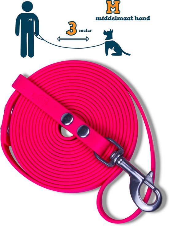 Miqdi hondenriem - BioThane® – neon roze – 3 meter lang – 13mm breed – M – middelmaat hond