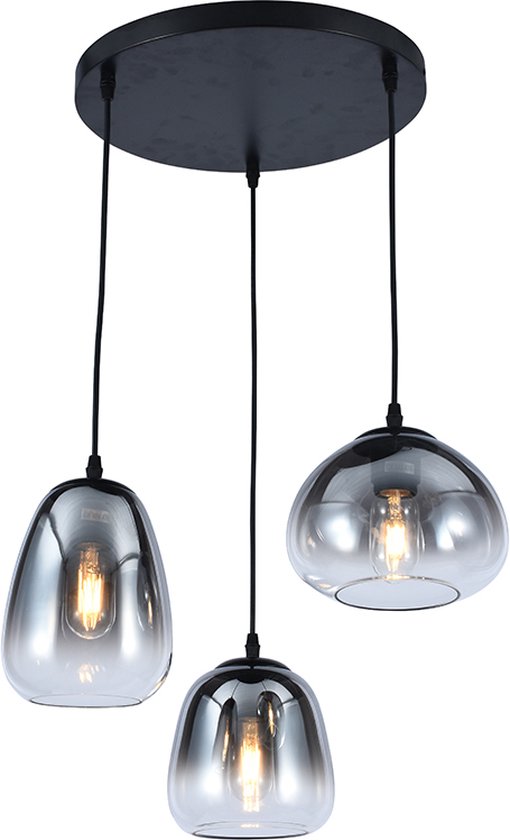 Olucia Semra - Design Hanglamp - 3L - Glas/Aluminium - Grijs;Zwart - Rond - 40 cm