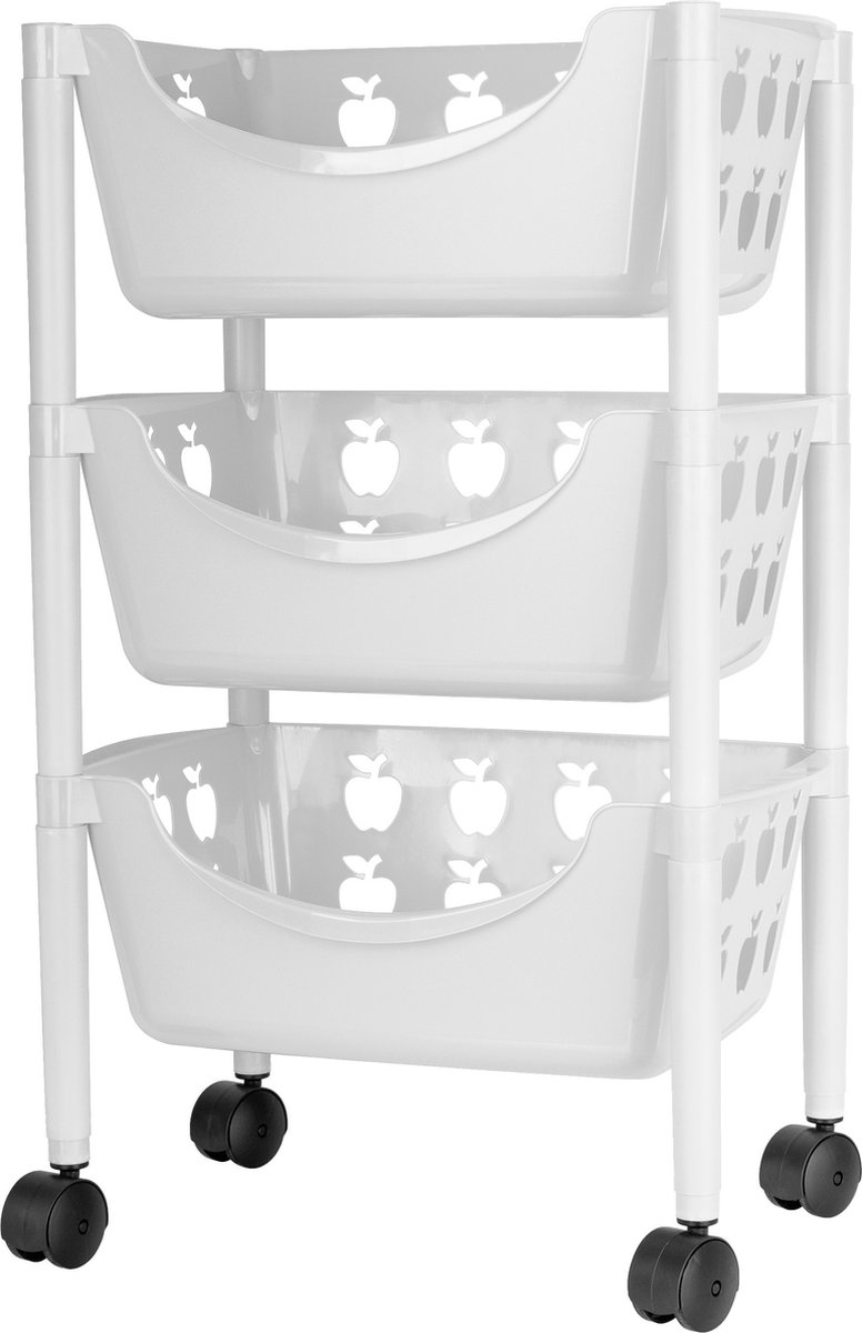 Juypal Keukentrolley met appelmotief - 3-laags - wit - kunststof - 45 x 29,5 x 70,5 cm