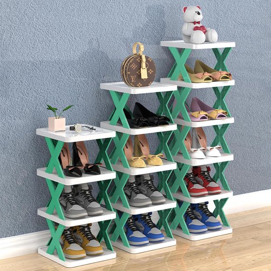 Verticaal schoenenrek met 5 etages, schoenenrek smal, schoenenorganizer voor toegangsdeur, combinatie van kunststof schoenenrek, schoenenkast kan in de gang, woonkamer (groen)
