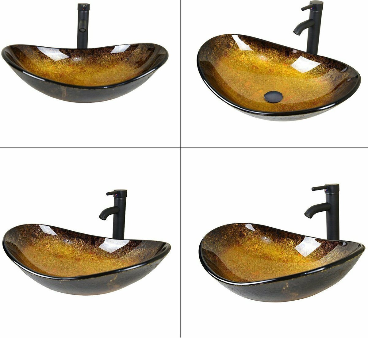 Waskom Glas opbouw geel zwart goud met zwarte mengkraan clik afvoer AANBIEDING