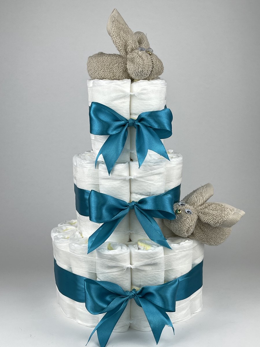 Goedkoopste Chouette-Chouette | Luiertaart Neutraal | Kraamcadeau | Geboorte Jongen Meisje | Babyshower | Konijnen Cream - Petrol