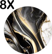 BWK Luxe Ronde Placemat - Zwart met Wit en Gouden Marmer - Set van 8 Placemats - 50x50 cm - 2 mm dik Vinyl - Anti Slip - Afneembaar