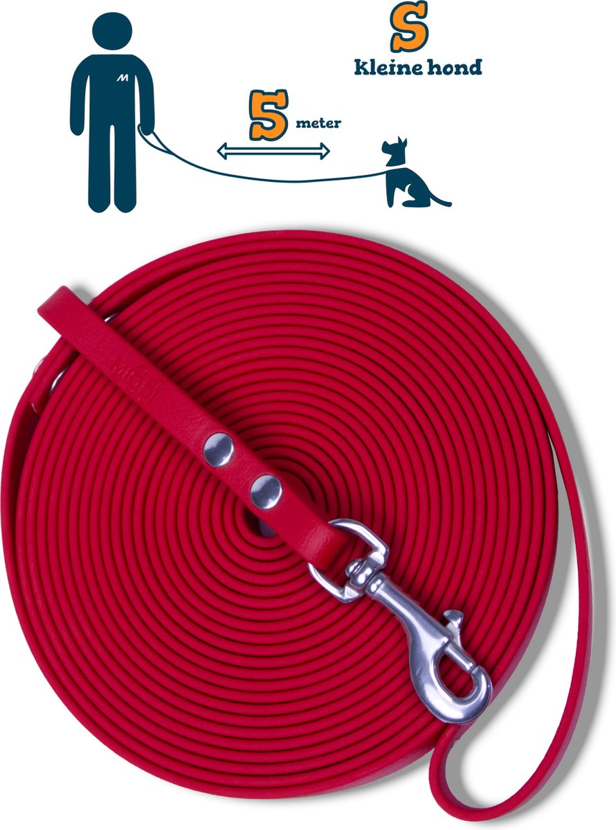 Miqdi lange lijn - BioThane – rood - 5 meter lang – 9mm breed – XS/S – kleine hond – lange hondenriem