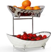 Fruitmand, 2-laagse keramische fruitmand, serveerstandaard met metalen frame, porseleinen keukenschalen voor het opbergen van fruit en groenten, snacknoten, desserttaartplateau voor feestjes, zilver/wit.