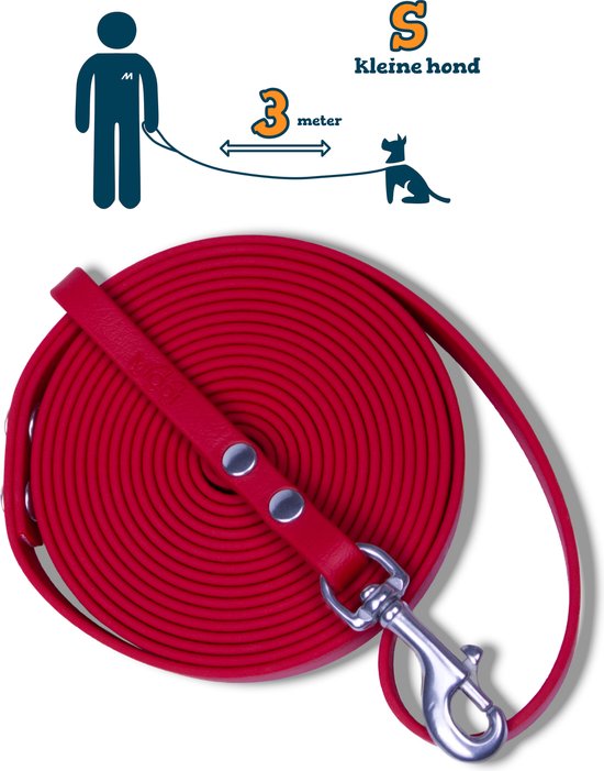 Miqdi BioThane hondenriem – rood – 9 mm breed - 3 meter lang - met handvat