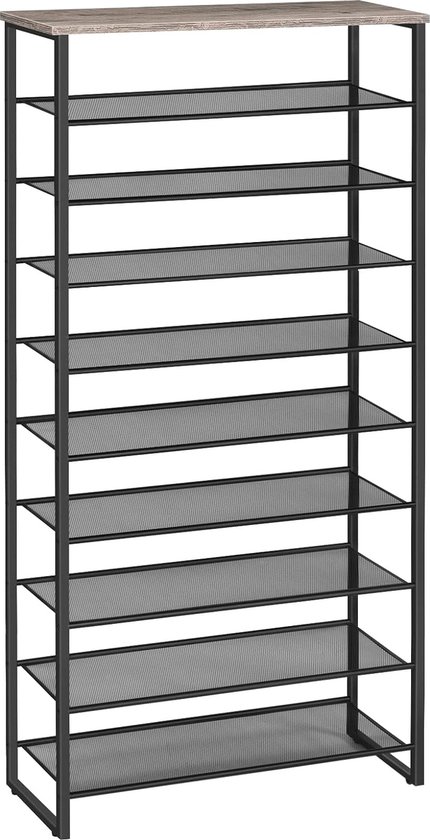 Schoenenrek met 10 niveaus, smal schoenenkast, schoen organisator voor 32-40 paar schoenen, metaal, voor hal, woonkamer, greige-zwart ​