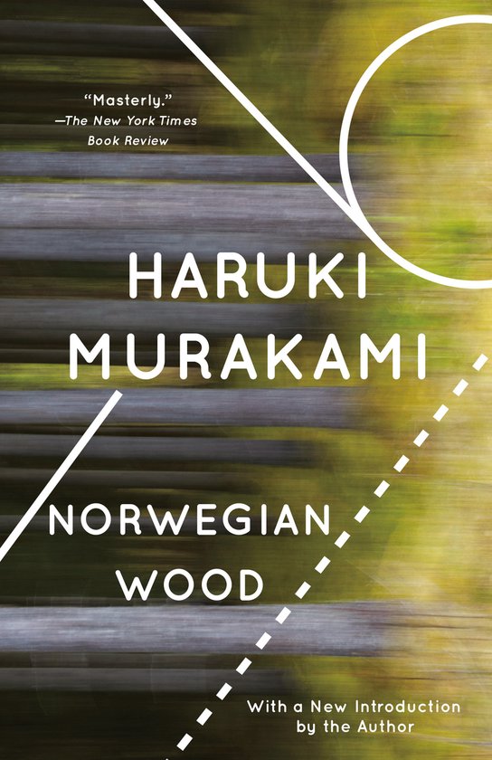 Boekomslag van Norwegian Wood door Haruki Murakami met abstracte groen-grijze achtergrond en geometrische lijnen.