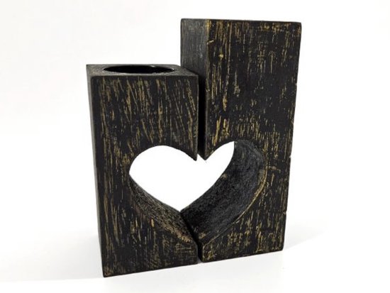 Woodart hart set waxinehouder 15x12 zwart goud