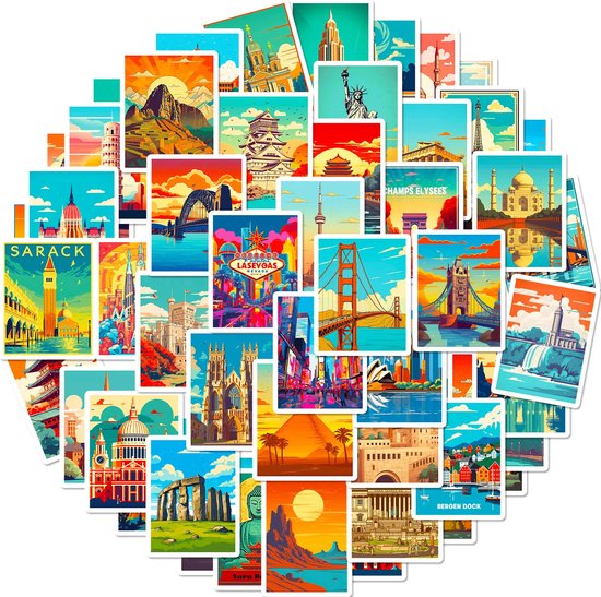 Postzegel Stickers met Steden en Bekende gebouwen – Stickers voor laptop, koffer, journal etc. – Thema Vakantie/Reizen/Wereld