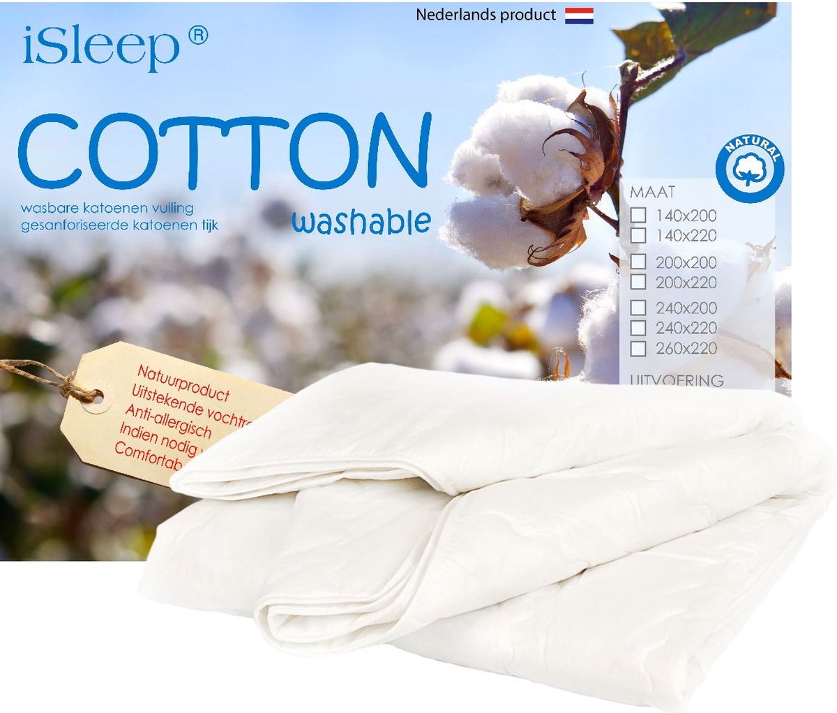 iSleep Zomerdekbed Katoen Wasbaar - 100% Katoen - Tweepersoons - 200x220 cm