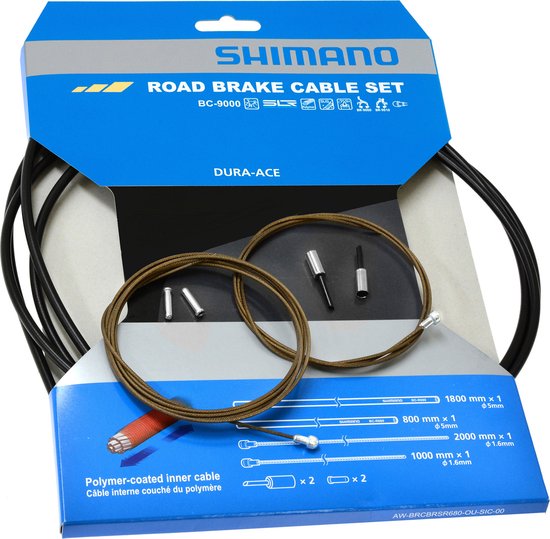 Shimano Dura-Ace Road Brake Cable Set, zwarte kabels, met accessoires en specificaties.