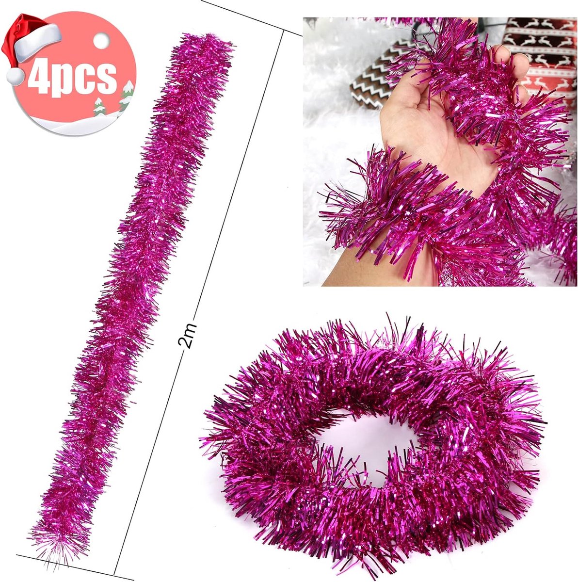 DOWNDRIFT Lametta slinger, 2 stuks, 2 m, lametta, kerstboom, lametta, glanzend, kerstslinger voor kerstdecoratie, lametta
