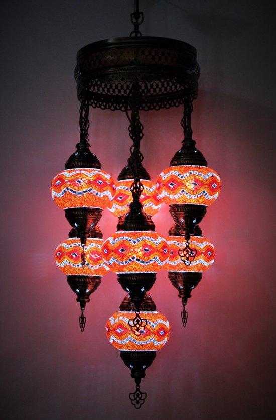 Lampe suspendue turque à 7 globes en verre, mosaïque rouge, lustre oriental