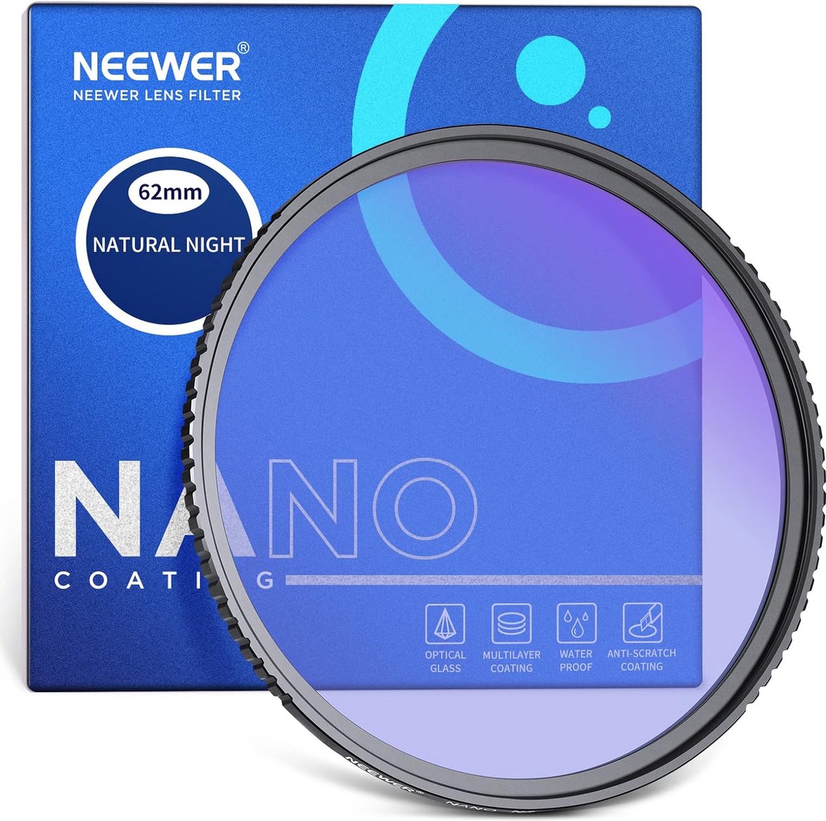 Neewer® - 62mm Nacht Lichtvervuilingsfilter met HD Neodymium Glasconstructie - Natuurlijk Nachtfilter met Anti-Reflectie en Anti-Vingerafdruk Multicoating voor Nachthemel Fotografie -