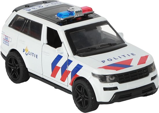 Witte politie SUV met blauwe en rode strepen, open deuren en zwaailichten. "POLITIE" op de motorkap en zijkant.