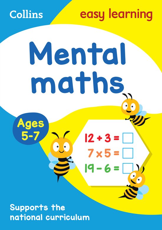 Boek "Mental maths" voor kinderen van 5-7 jaar, met drie vrolijke bijtjes en rekensommen.
