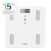 Haepi - Body Analyzer - Volledige lichaamsanalyse: BMI, Kcal, gewicht, vetmassa, botmassa, vochtgehalte, spiermassa - Modern en elegant design - Maximale capaciteit van 180 kg - 15 jaar garantie - Inclusief batterijen - Wit