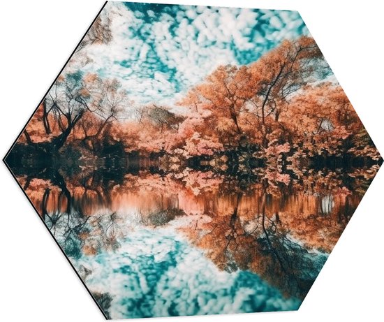 Dibond Hexagon - Water - Bomen - Herfst - Bladeren - Wolken - Kleuren - 70x60.9 cm Foto op Hexagon (Met Ophangsysteem)