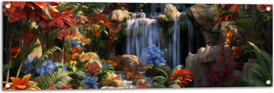 Tuinposter – Waterval - Bloemen- Kleuren - Planten - 120x40 cm Foto op Tuinposter (wanddecoratie voor buiten en binnen)