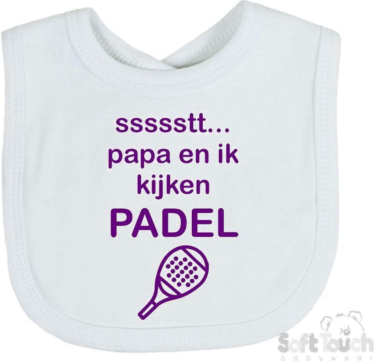Goedkoopste Soft Touch Slabber Slabbetje Slab ssssstt.. Papa en ik kijken Padel Padellen Unisex Katoen Wit/paars Maat 33x22 Cm