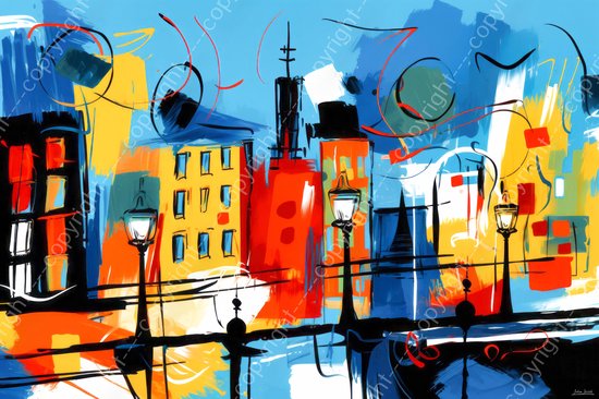 JJ-Art (Aluminium) 120x80 | Amsterdam met brug en huizen, abstract, kunst, felle kleuren, kleurrijk | stad, Nederland, blauw, geel, rood, zwart, modern | foto-schilderij op dibond, metaal wanddecoratie