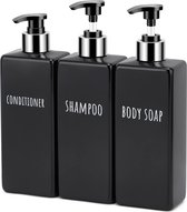 Zeepdispenser, 3-delig, 500 ml zeepdispenserset met labels voor shampoo, conditioner, lichaamszeep, shampooflessen voor het vullen voor keuken en badkamer, zwart