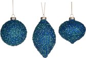 Zee Blauwe Glitter Kerstballen met lichtblauwe pailletten - set van 3 verschillend gevormde kerstballen van glas