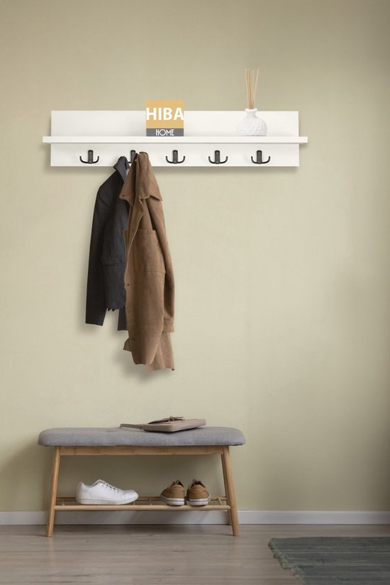 Kapstok - Wandkapstok - Wandplank - Muur Hanger - Modern Stijl Kapstok - Natuurlijk Hout - 5x2 Houten Kleerhanger - Wit - 80 cm