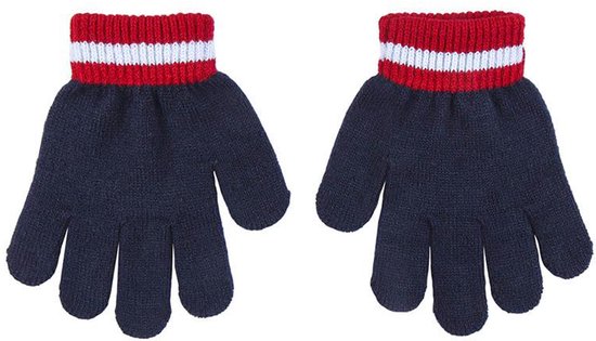 Donkerblauwe gebreide handschoenen met rode en witte strepen op de manchetten.