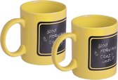 Luxe krijt koffiemok/beker - 2x - geel - keramiek - met zwart schrijfvlak - 350 ml