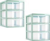Plasticforte ladeblokje/bureau organizer - 2x - 3 lades - transparant/mintgroen - L18 x B25 x H25 cm
