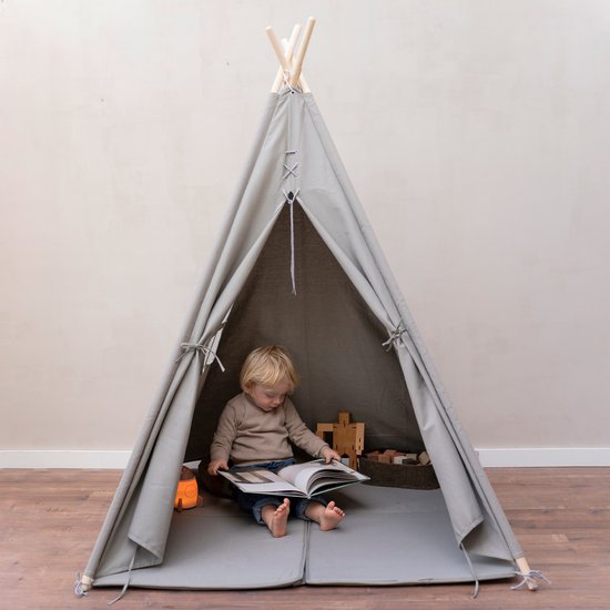 Sunny Alba Tipi Tent Grijs voor kinderen - Wigwam Speeltent met ramen van katoen - Tipi tent kinderen met Kussen kleed - 120x120x160cm - Stokken van FSC hout