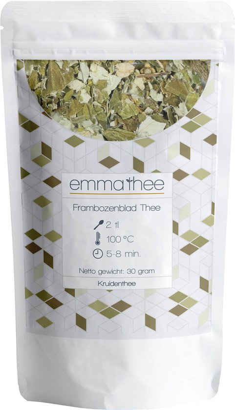 Emmathee Frambozenblad Thee, 30 gram. Witte zak met geometrisch patroon en zichtvenster met gedroogde groene bladeren.