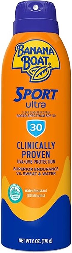 Oranje spuitbus met blauwe dop voor Banana Boat Sport Ultra Clear Sunscreen Spray SPF 30. Bevat 170 g.