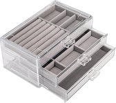 Sieradendoos met 3 lades, acryl fluwelen sieradenorganizer voor oorbellen, armbanden, armband, ketting, ringen, ijdelheid dressoir cadeau voor dames meisjes (helder, grijs)