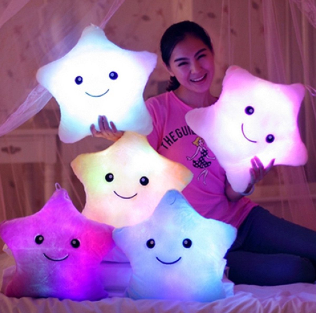 Nachtlamp knuffel Ster Roos kussen met LED verlichting 32cm Veilig nachtlampje